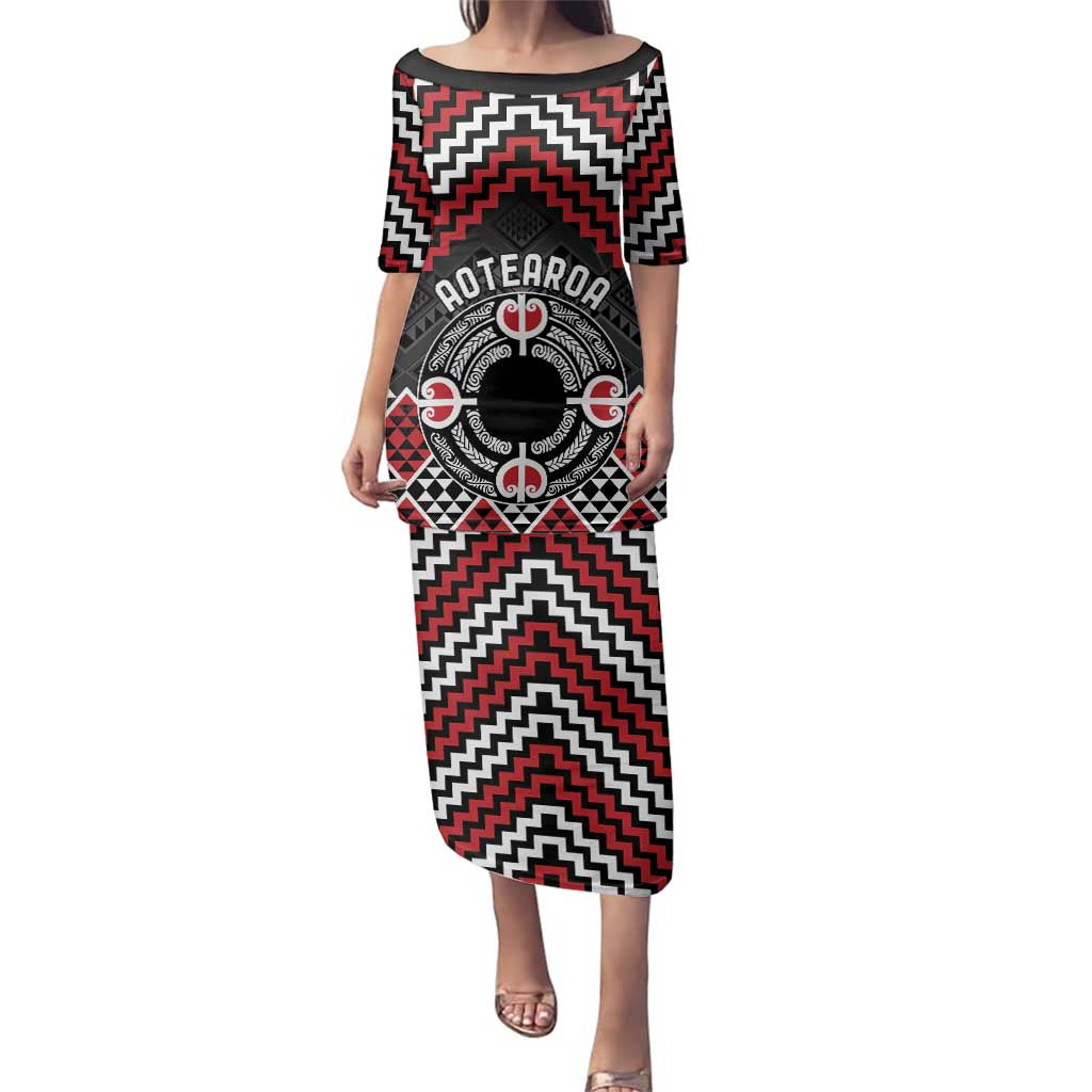 Personalised Aotearoa Niho Taniwha Motif Family Matching Puletasi and Hawaiian Shirt Red Style