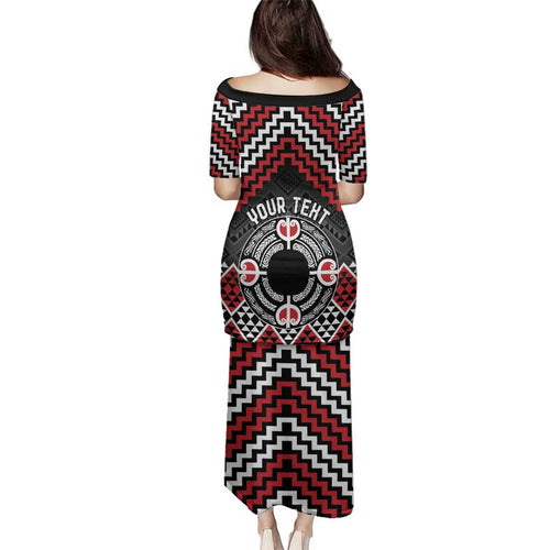 Personalised Aotearoa Niho Taniwha Motif Family Matching Puletasi and Hawaiian Shirt Red Style