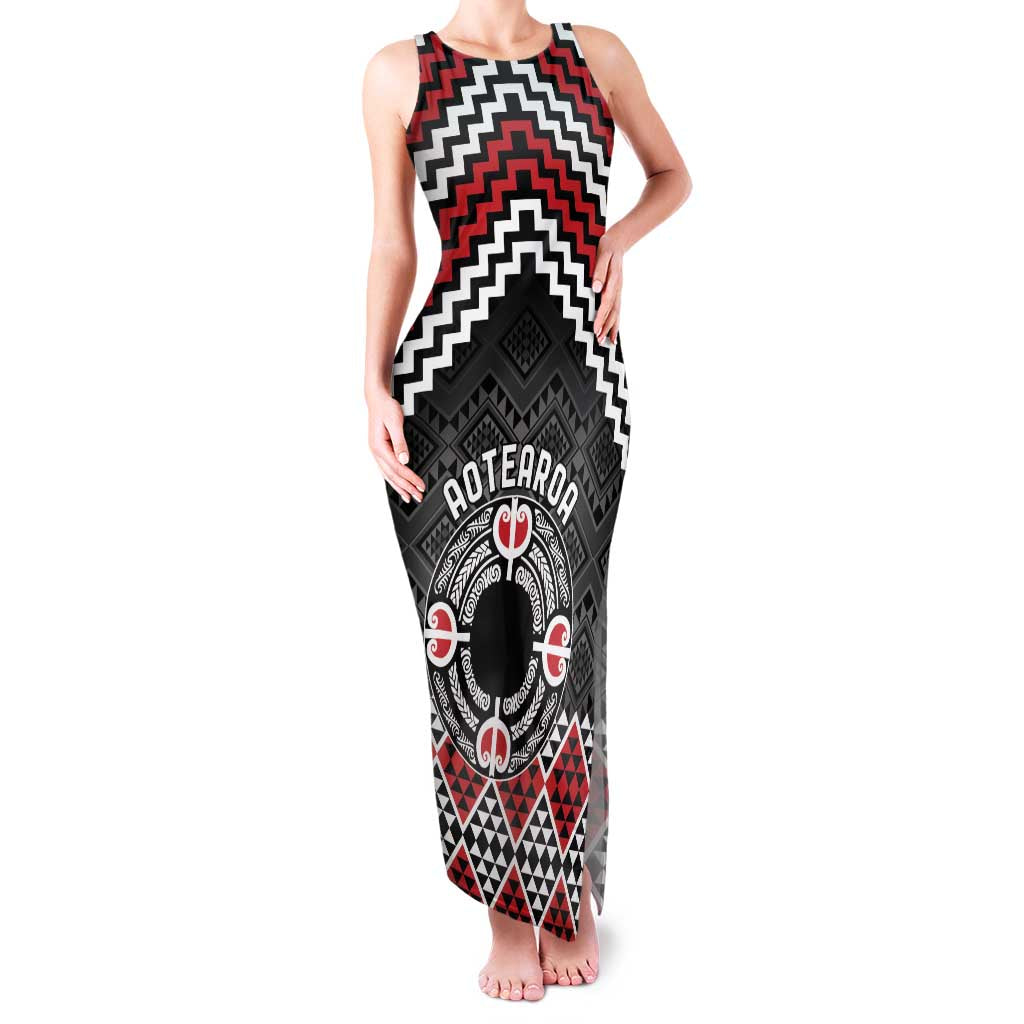 Personalised Aotearoa Niho Taniwha Motif Family Matching Tank Maxi Dress and Hawaiian Shirt Red Style