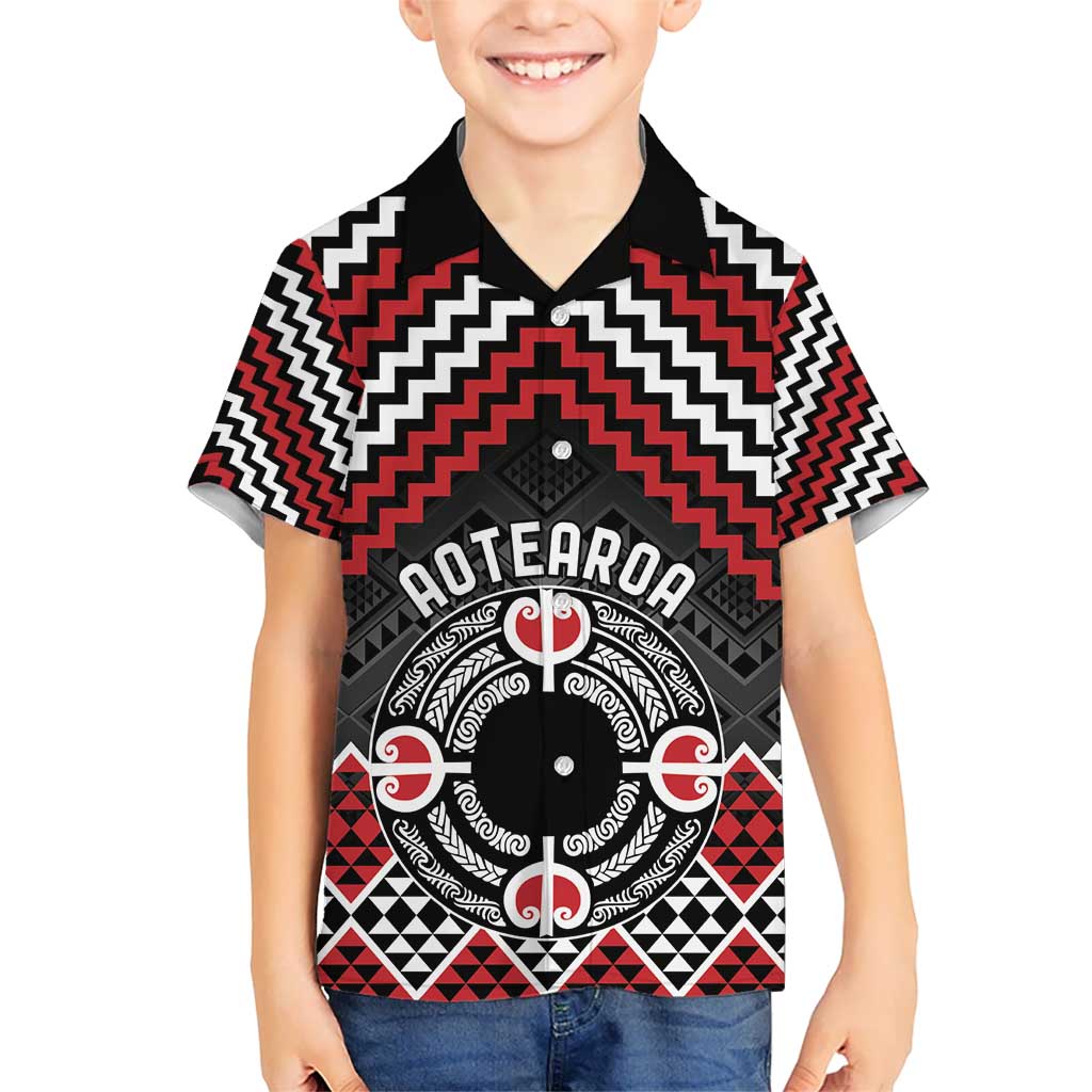 Personalised Aotearoa Niho Taniwha Motif Kid Hawaiian Shirt Red Style