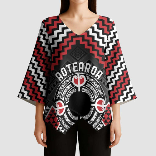 Personalised Aotearoa Niho Taniwha Motif Kimono Sleeve Blouse Red Style - Aussie Hoodie