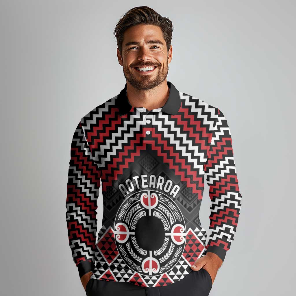 Personalised Aotearoa Niho Taniwha Motif Long Sleeve Polo Shirt Red Style