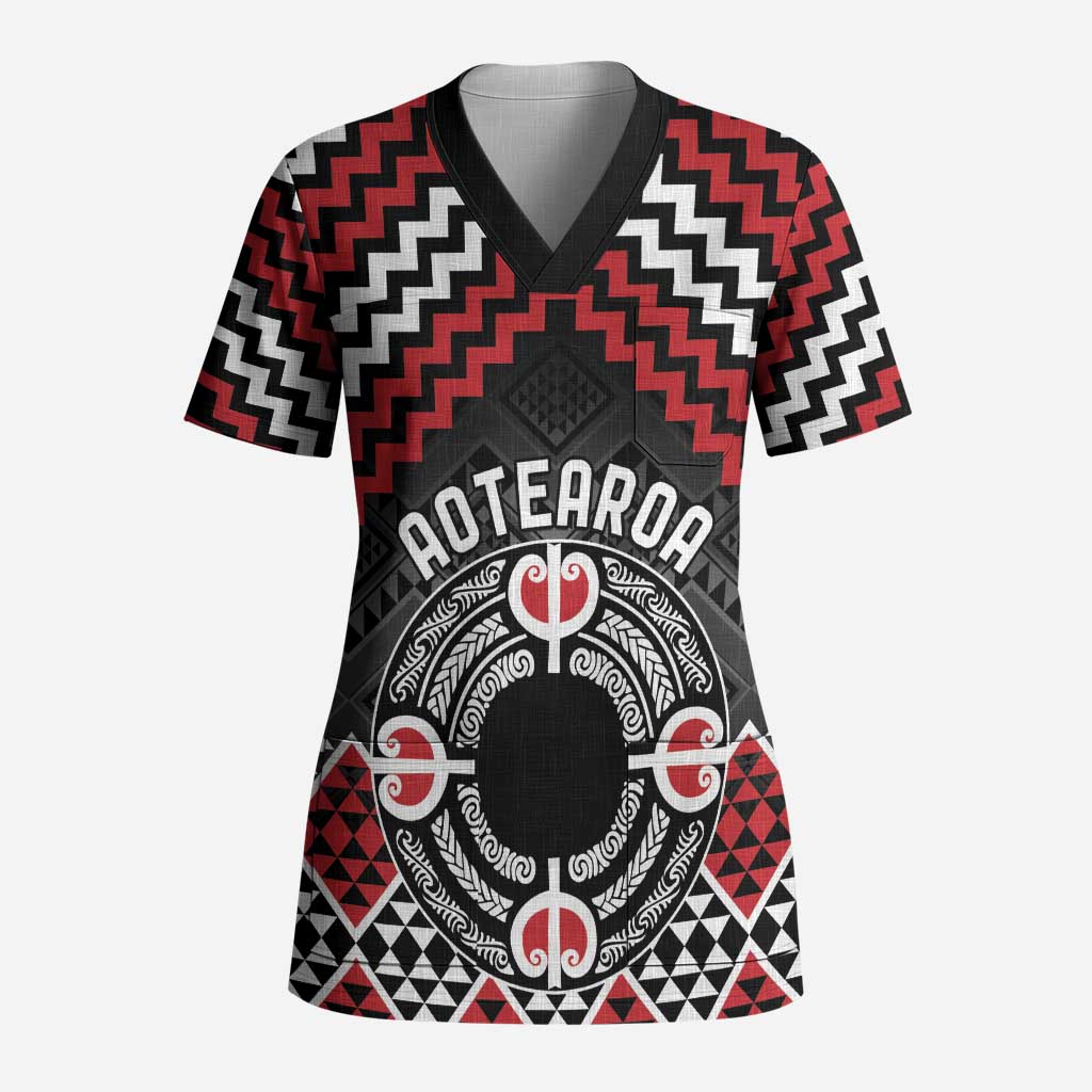 Personalised Aotearoa Niho Taniwha Motif Scrub Top Red Style - Aussie Hoodie