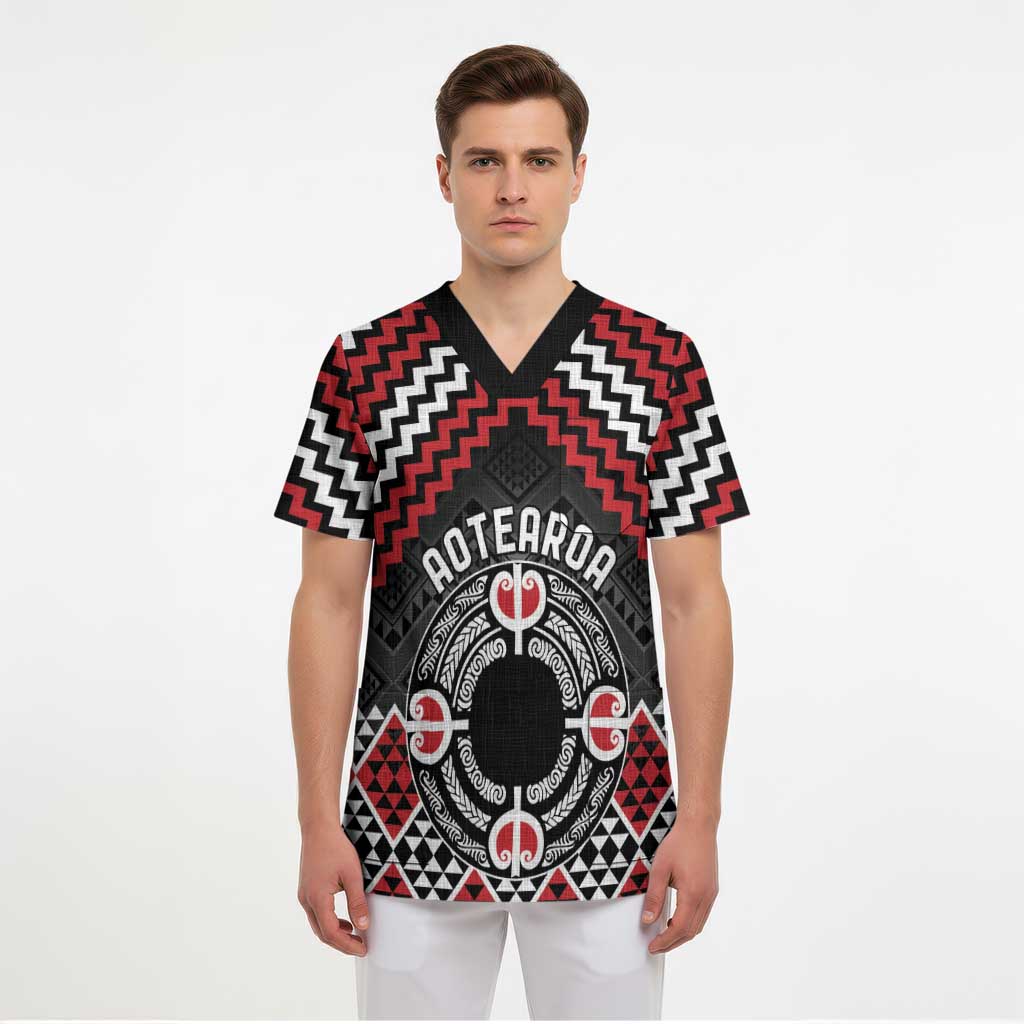 Personalised Aotearoa Niho Taniwha Motif Scrub Top Red Style - Aussie Hoodie