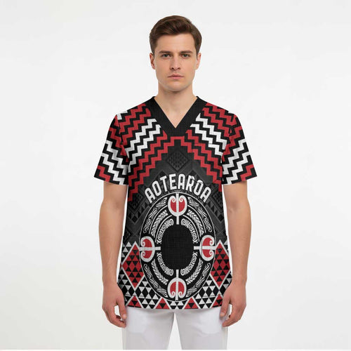 Personalised Aotearoa Niho Taniwha Motif Scrub Top Red Style - Aussie Hoodie