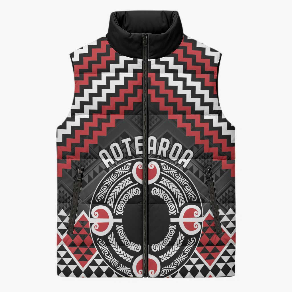 Personalised Aotearoa Niho Taniwha Motif Sleeveless Puffer Jacket Red Style - Aussie Hoodie