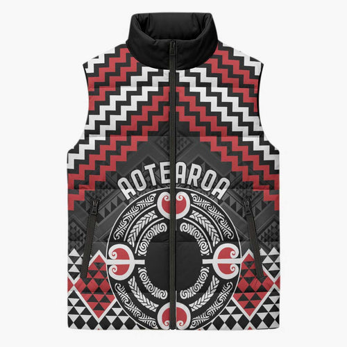 Personalised Aotearoa Niho Taniwha Motif Sleeveless Puffer Jacket Red Style - Aussie Hoodie