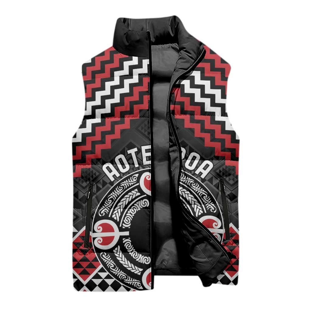 Personalised Aotearoa Niho Taniwha Motif Sleeveless Puffer Jacket Red Style - Aussie Hoodie