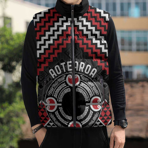 Personalised Aotearoa Niho Taniwha Motif Sleeveless Puffer Jacket Red Style - Aussie Hoodie