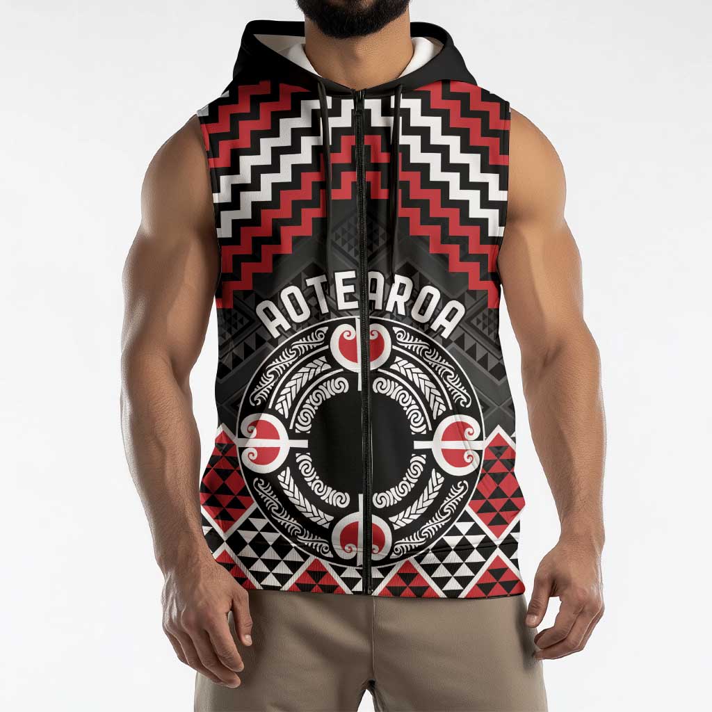 Personalised Aotearoa Niho Taniwha Motif Sleeveless Zip Hoodie Red Style LT9