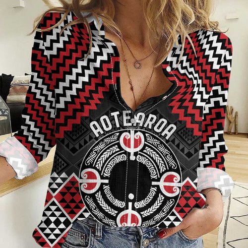Personalised Aotearoa Niho Taniwha Motif Women Casual Shirt Red Style