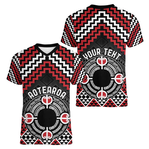 Personalised Aotearoa Niho Taniwha Motif Women V-Neck T-Shirt Red Style