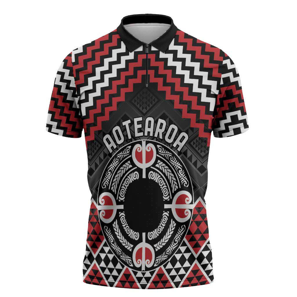Personalised Aotearoa Niho Taniwha Motif Zipper Polo Shirt Red Style - Aussie Hoodie