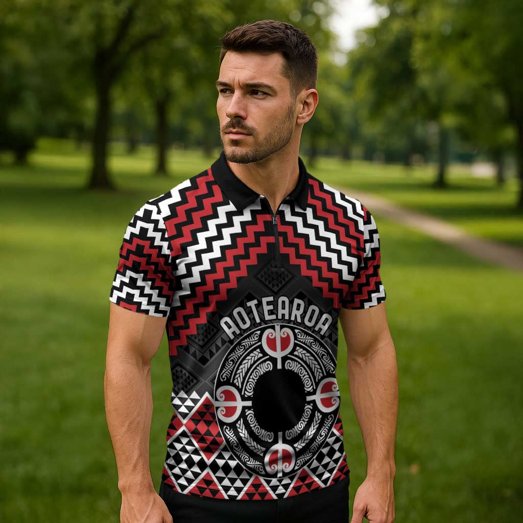 Personalised Aotearoa Niho Taniwha Motif Zipper Polo Shirt Red Style - Aussie Hoodie