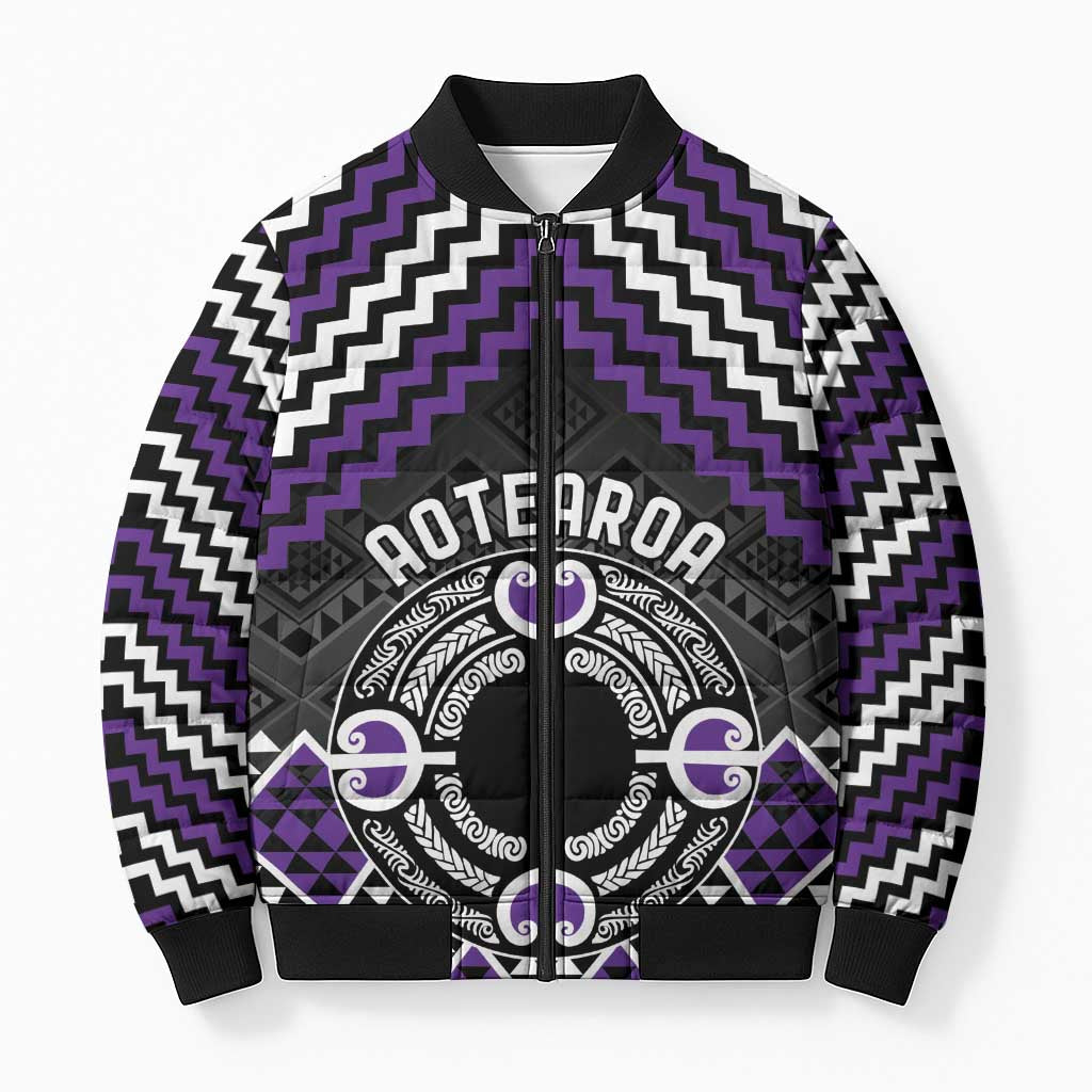 Personalised Aotearoa Niho Taniwha Motif Bomber Puffer Jacket Violet Style - Aussie Hoodie