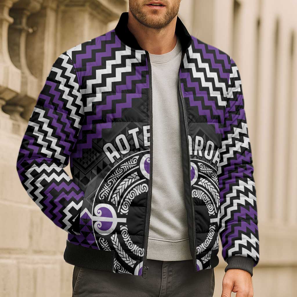 Personalised Aotearoa Niho Taniwha Motif Bomber Puffer Jacket Violet Style - Aussie Hoodie
