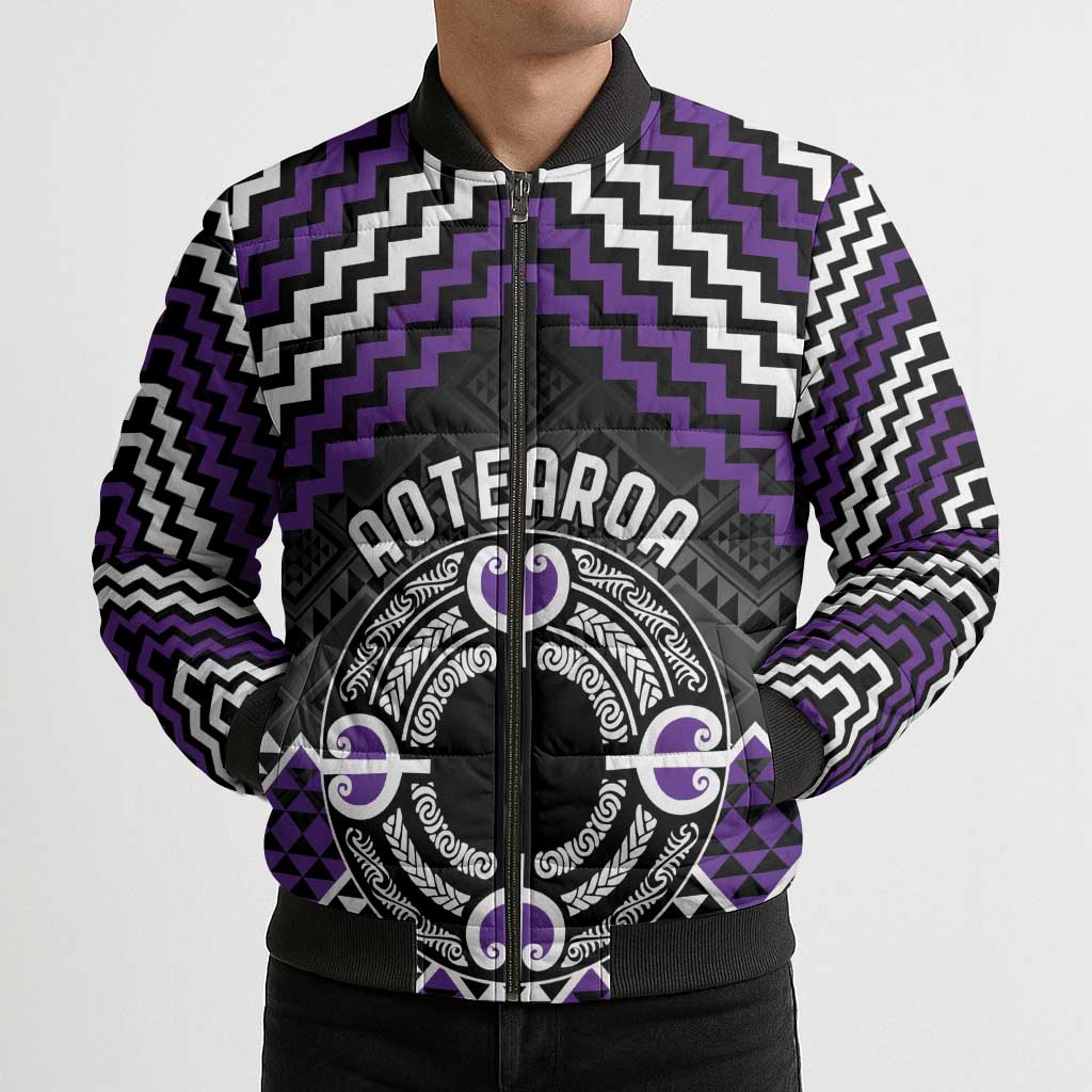 Personalised Aotearoa Niho Taniwha Motif Bomber Puffer Jacket Violet Style - Aussie Hoodie