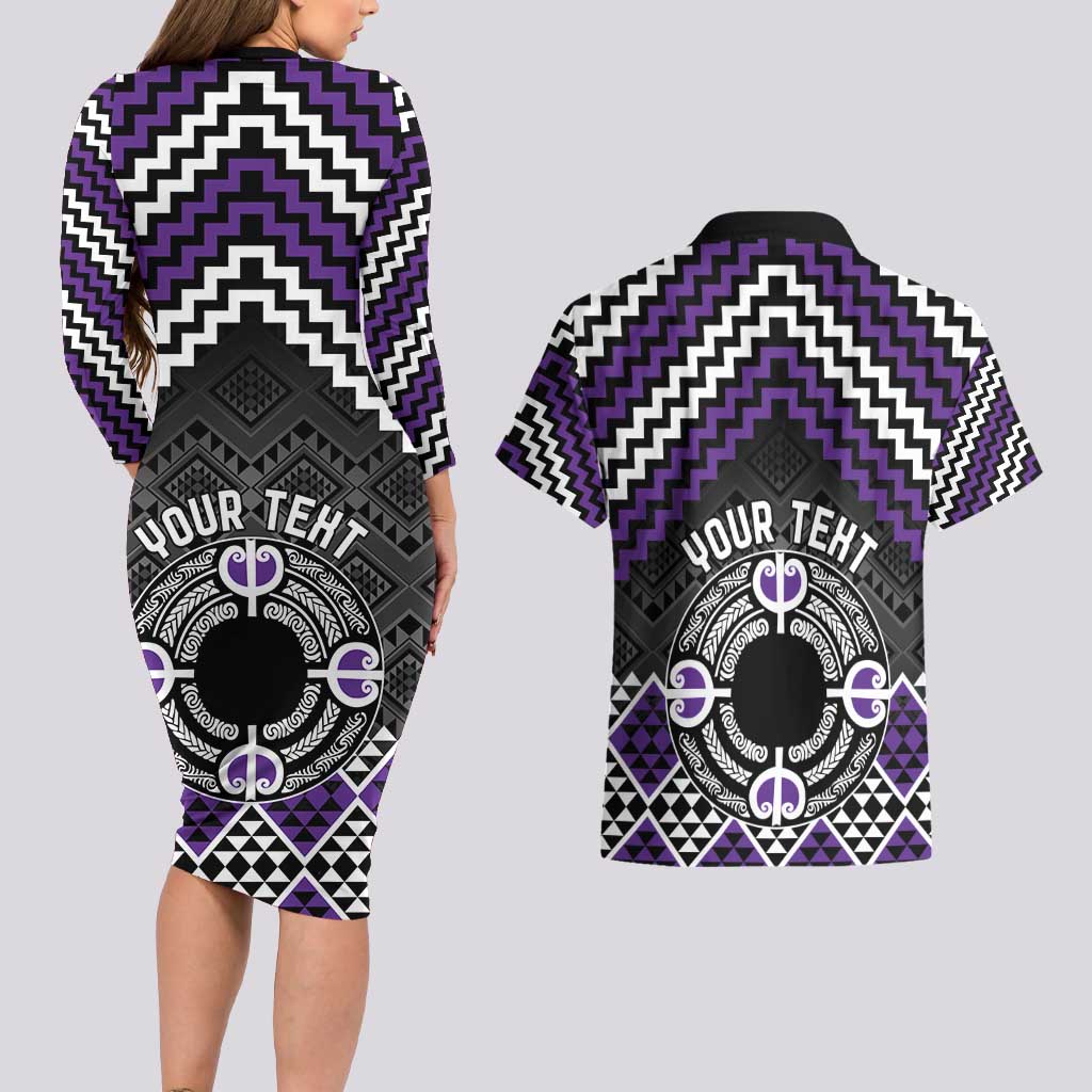 Personalised Aotearoa Niho Taniwha Motif Couples Matching Long Sleeve Bodycon Dress and Hawaiian Shirt Violet Style