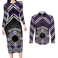 Personalised Aotearoa Niho Taniwha Motif Couples Matching Long Sleeve Bodycon Dress and Long Sleeve Button Shirt Violet Style