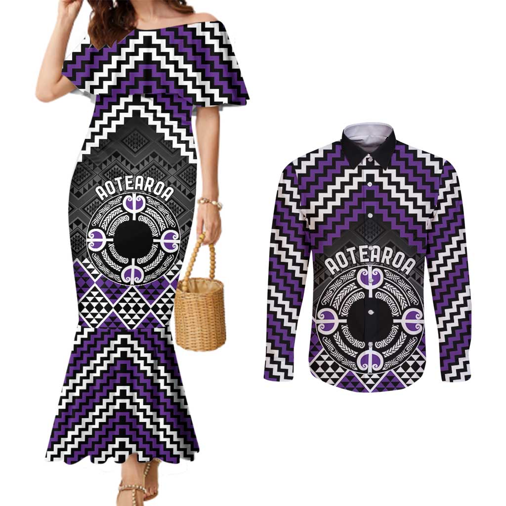 Personalised Aotearoa Niho Taniwha Motif Couples Matching Mermaid Dress and Long Sleeve Button Shirt Violet Style