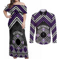Personalised Aotearoa Niho Taniwha Motif Couples Matching Off Shoulder Maxi Dress and Long Sleeve Button Shirt Violet Style