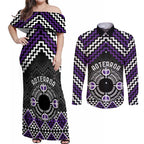 Personalised Aotearoa Niho Taniwha Motif Couples Matching Off Shoulder Maxi Dress and Long Sleeve Button Shirt Violet Style