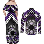 Personalised Aotearoa Niho Taniwha Motif Couples Matching Off Shoulder Maxi Dress and Long Sleeve Button Shirt Violet Style