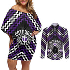Personalised Aotearoa Niho Taniwha Motif Couples Matching Off Shoulder Short Dress and Long Sleeve Button Shirt Violet Style