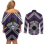 Personalised Aotearoa Niho Taniwha Motif Couples Matching Off Shoulder Short Dress and Long Sleeve Button Shirt Violet Style