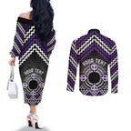 Personalised Aotearoa Niho Taniwha Motif Couples Matching Off The Shoulder Long Sleeve Dress and Long Sleeve Button Shirt Violet Style