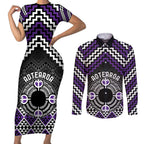 Personalised Aotearoa Niho Taniwha Motif Couples Matching Short Sleeve Bodycon Dress and Long Sleeve Button Shirt Violet Style