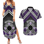 Personalised Aotearoa Niho Taniwha Motif Couples Matching Summer Maxi Dress and Hawaiian Shirt Violet Style
