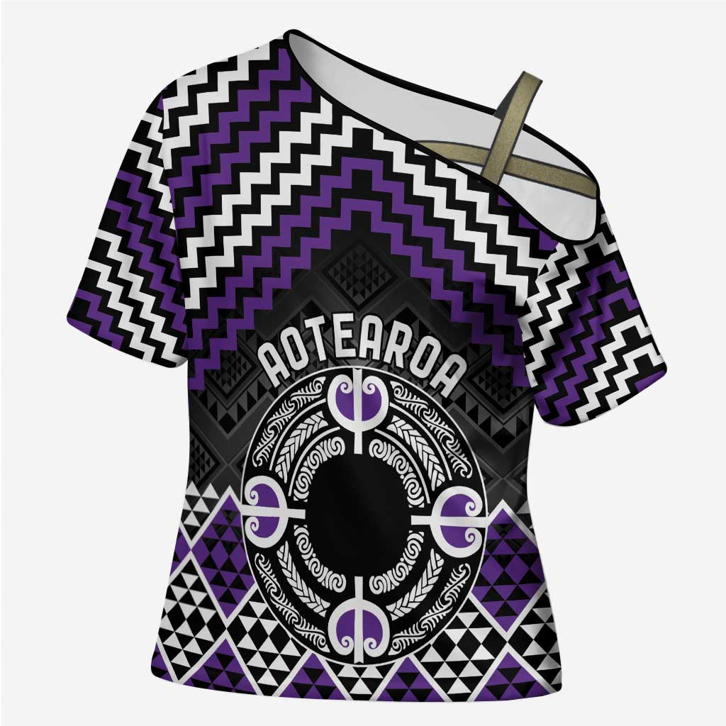 Personalised Aotearoa Niho Taniwha Motif Cross Shoulder Shirt Violet Style - Aussie Hoodie