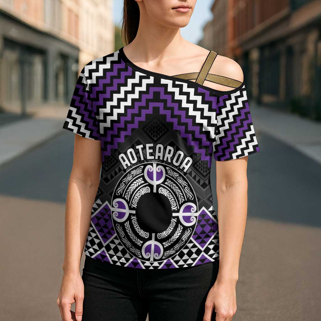Personalised Aotearoa Niho Taniwha Motif Cross Shoulder Shirt Violet Style - Aussie Hoodie