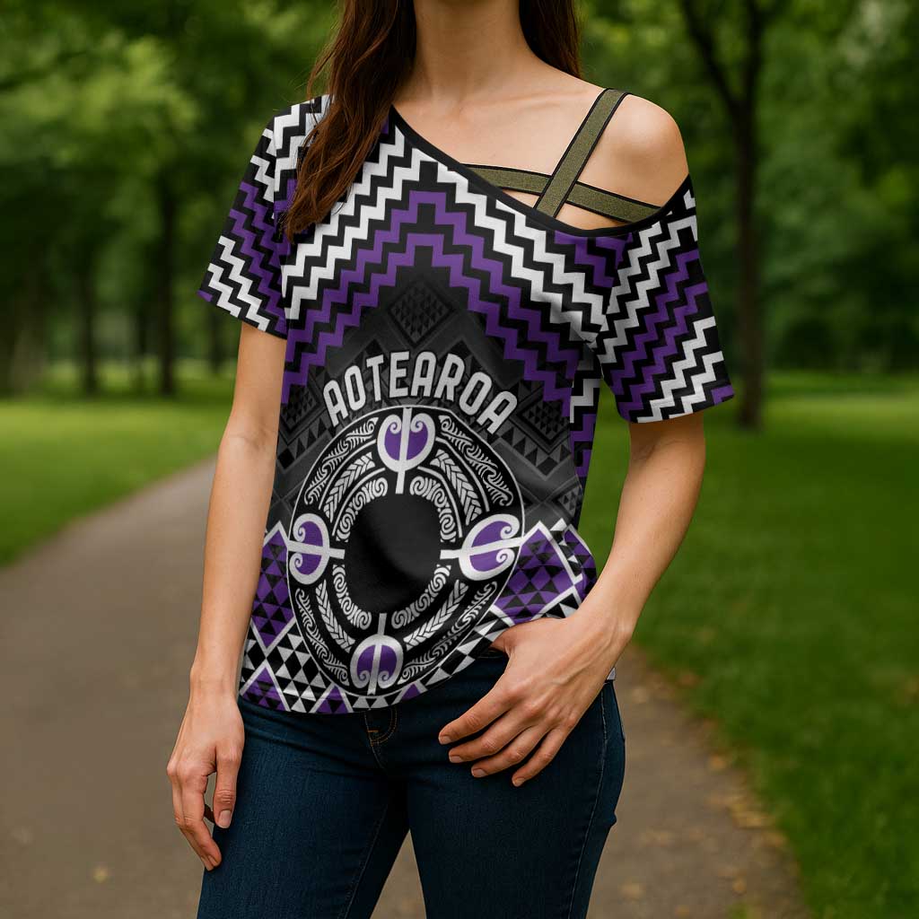 Personalised Aotearoa Niho Taniwha Motif Cross Shoulder Shirt Violet Style - Aussie Hoodie