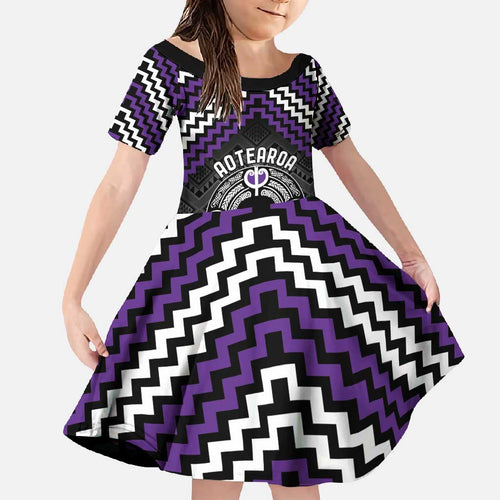 Personalised Aotearoa Niho Taniwha Motif Family Matching Mermaid Dress and Hawaiian Shirt Violet Style