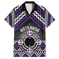 Personalised Aotearoa Niho Taniwha Motif Family Matching Off The Shoulder Long Sleeve Dress and Hawaiian Shirt Violet Style