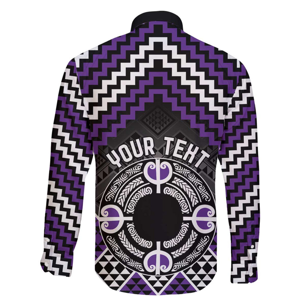 Personalised Aotearoa Niho Taniwha Motif Family Matching Off The Shoulder Long Sleeve Dress and Hawaiian Shirt Violet Style