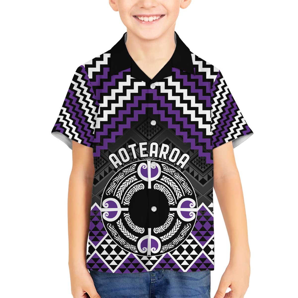 Personalised Aotearoa Niho Taniwha Motif Family Matching Off The Shoulder Long Sleeve Dress and Hawaiian Shirt Violet Style