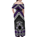 Personalised Aotearoa Niho Taniwha Motif Family Matching Off Shoulder Maxi Dress and Hawaiian Shirt Violet Style
