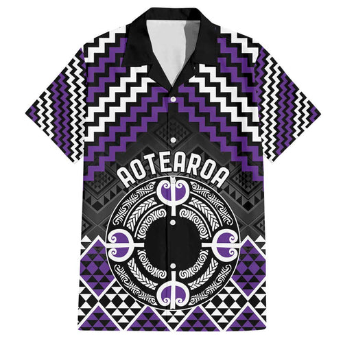 Personalised Aotearoa Niho Taniwha Motif Family Matching Off Shoulder Short Dress and Hawaiian Shirt Violet Style