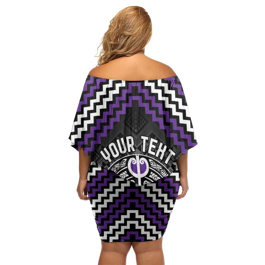 Personalised Aotearoa Niho Taniwha Motif Family Matching Off Shoulder Short Dress and Hawaiian Shirt Violet Style
