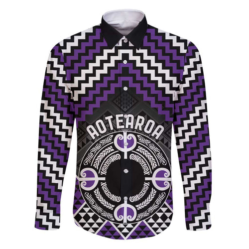Personalised Aotearoa Niho Taniwha Motif Family Matching Puletasi and Hawaiian Shirt Violet Style