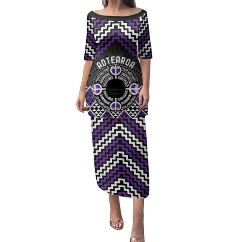 Personalised Aotearoa Niho Taniwha Motif Family Matching Puletasi and Hawaiian Shirt Violet Style