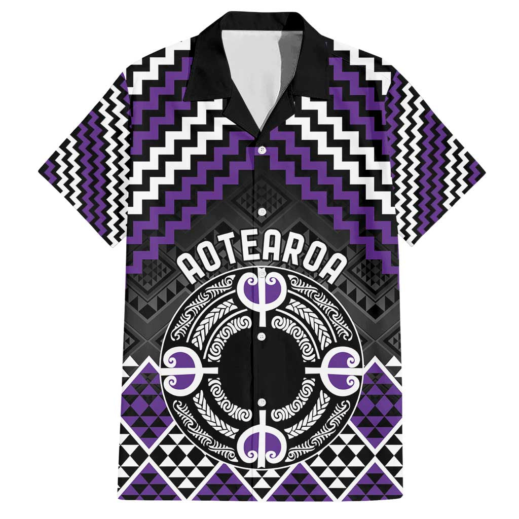 Personalised Aotearoa Niho Taniwha Motif Family Matching Short Sleeve Bodycon Dress and Hawaiian Shirt Violet Style