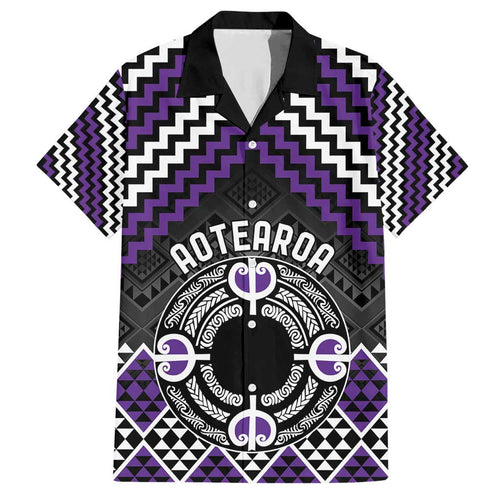 Personalised Aotearoa Niho Taniwha Motif Family Matching Short Sleeve Bodycon Dress and Hawaiian Shirt Violet Style