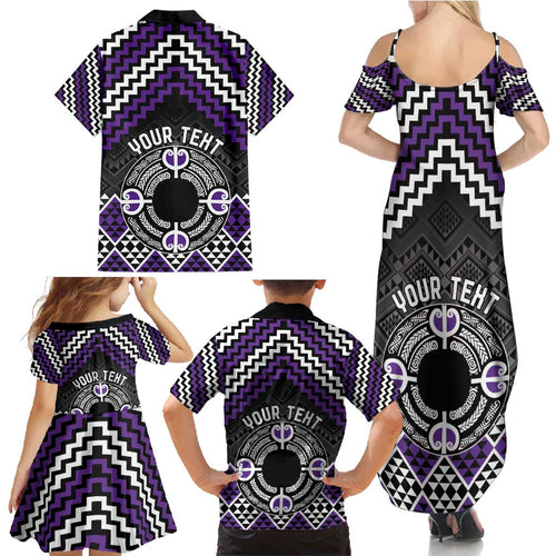 Personalised Aotearoa Niho Taniwha Motif Family Matching Summer Maxi Dress and Hawaiian Shirt Violet Style