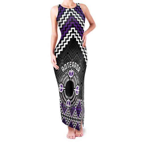 Personalised Aotearoa Niho Taniwha Motif Family Matching Tank Maxi Dress and Hawaiian Shirt Violet Style