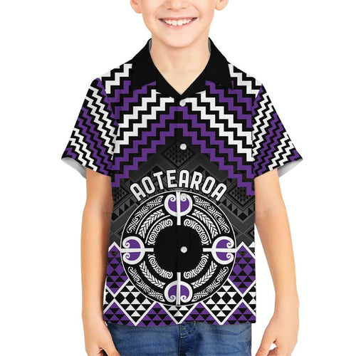 Personalised Aotearoa Niho Taniwha Motif Family Matching Tank Maxi Dress and Hawaiian Shirt Violet Style