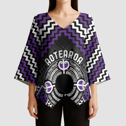 Personalised Aotearoa Niho Taniwha Motif Kimono Sleeve Blouse Violet Style - Aussie Hoodie